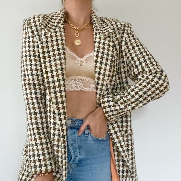 80s Tweed Houndstooth Blazer Style Coat - Picture 2 of 9